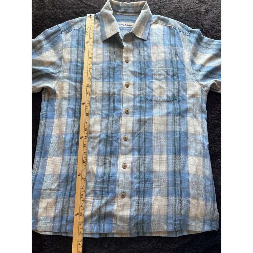 Tommy Bahama Mens M Short Sleeve Button Up Blue Plaid Silk Shirt‎